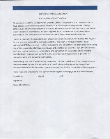 CADDO SHERIFF WHITEHORN REQUIRES CPSO PERSONNEL TO SIGN CONFIDENTIALITY AGREEMENT