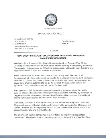 STATEMENT BY MAYOR TOM ARCENEAUX REGARDING AMENDMENT TO SMOKE-FREE ORDINANCE